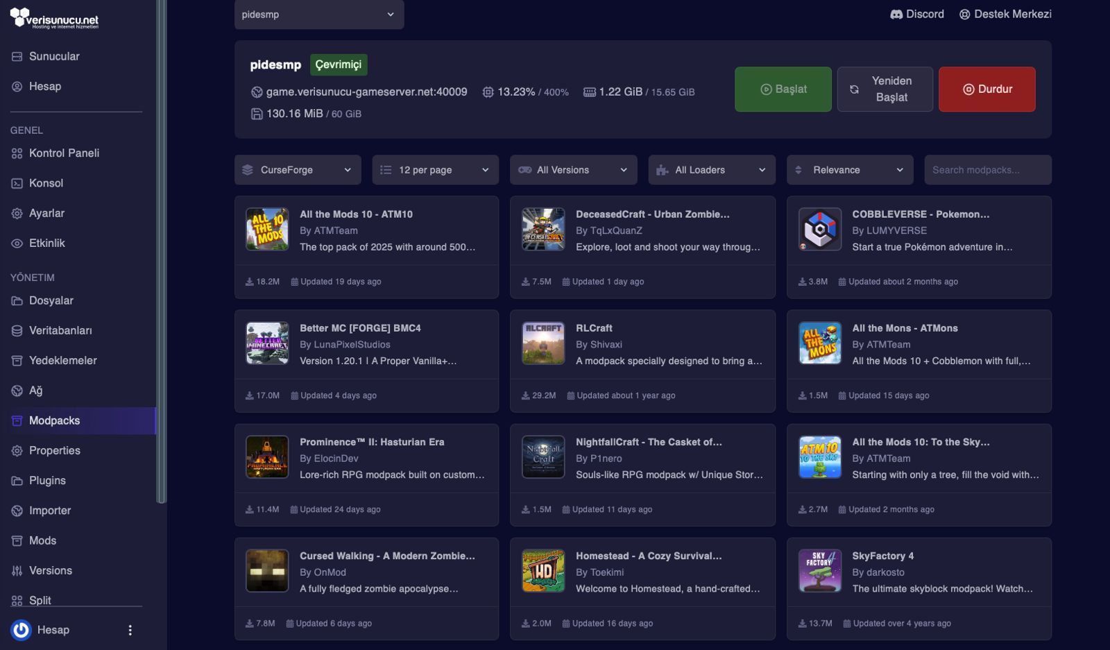 CurseForge & FTB modpack kütüphanesi